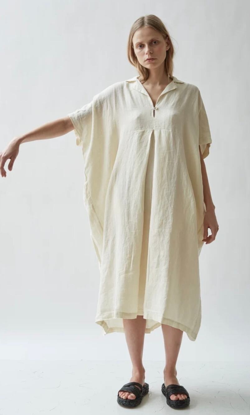 Black Crane Kite Midi Dress Light Yellow 100% Linen size Medium or One size